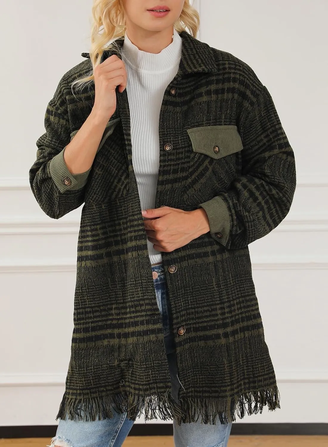 Astylish Women's Flannel Plaid Shacket Long Sleeve Oversized Button Down Shirt Jacket Coat