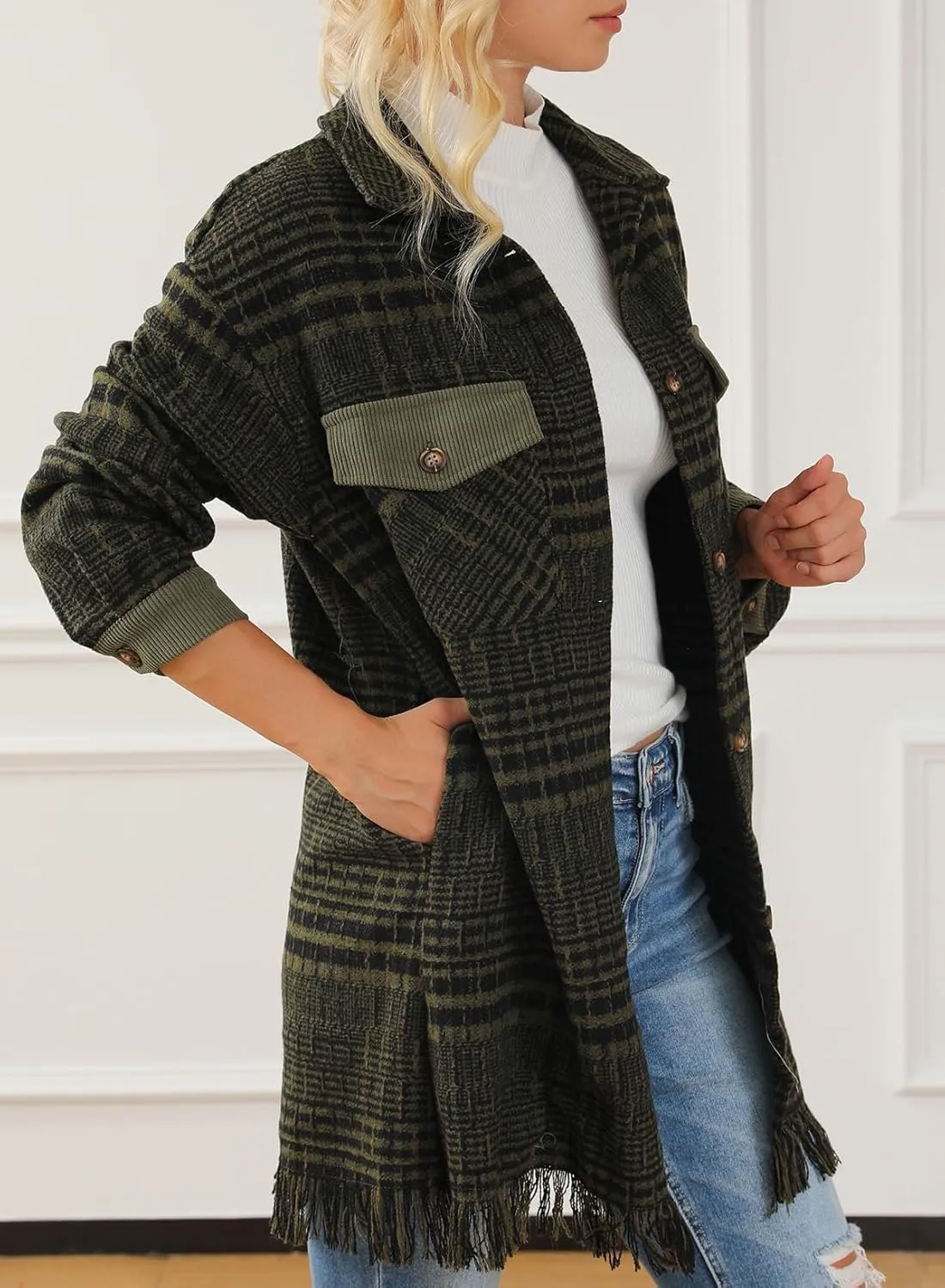 Astylish Women's Flannel Plaid Shacket Long Sleeve Oversized Button Down Shirt Jacket Coat
