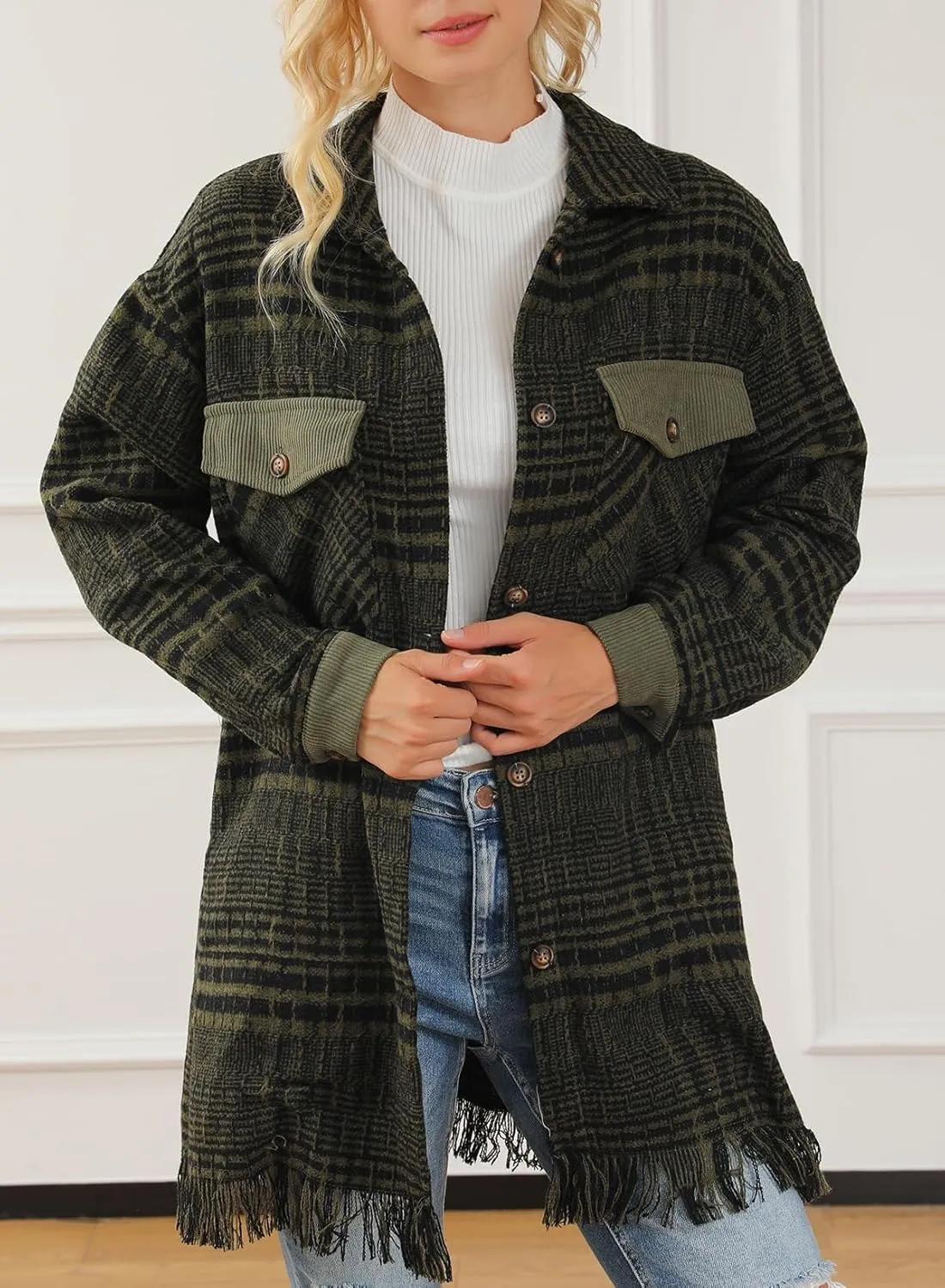 Astylish Women's Flannel Plaid Shacket Long Sleeve Oversized Button Down Shirt Jacket Coat