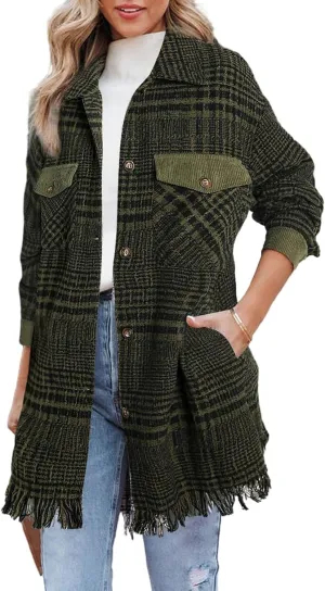 Astylish Women's Flannel Plaid Shacket Long Sleeve Oversized Button Down Shirt Jacket Coat