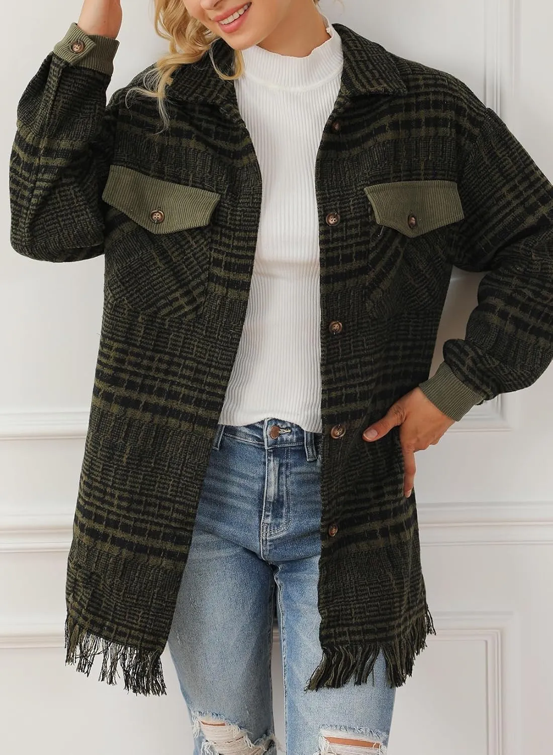 Astylish Women's Flannel Plaid Shacket Long Sleeve Oversized Button Down Shirt Jacket Coat