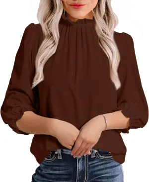 Avanova Women Polka Dot Long Sleeve Blouse Shirts Work Mock Neck Ruffle Top
