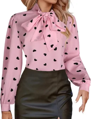 Avanova Women Tie Neck Bishop Long Sleeve Shirts Casual Work Blouses Tops