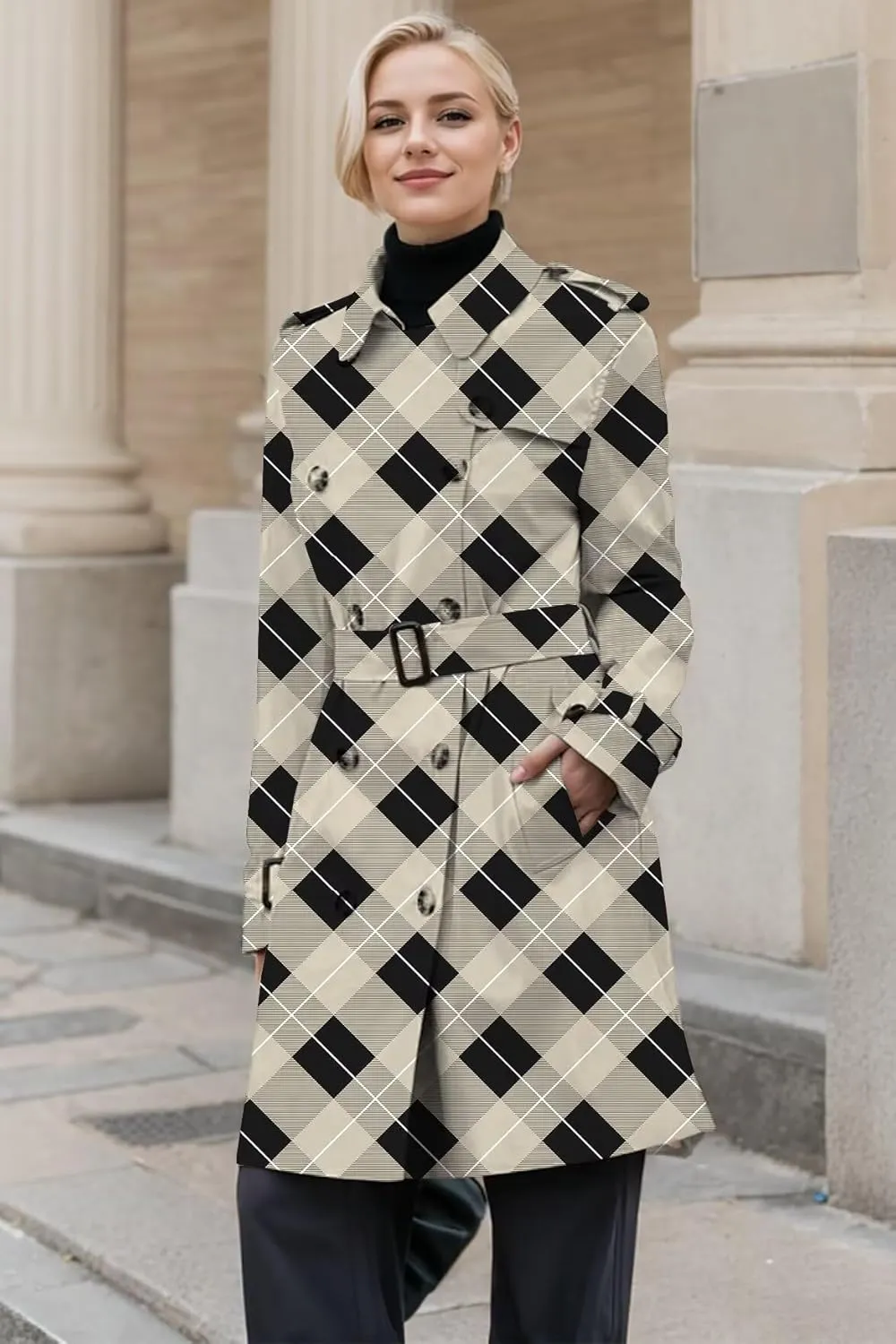 Betusline Women's Double Breasted Classic Windbreaker Jacket Lapel Overcoat Outerwear Plaid Long Trench Coat with Belt