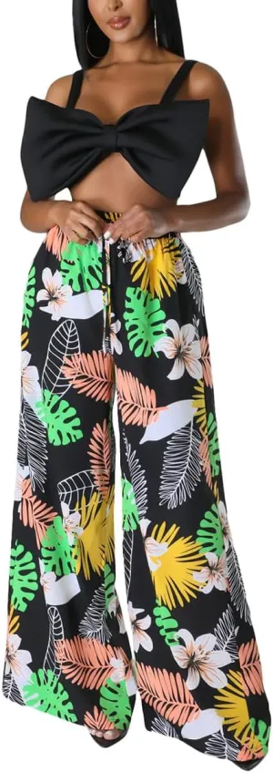 BFFBABY Womens Casual Palazzo Pants High Waist Printed Ruched Loose Flowy Lounge Wide Leg Pants (M-3XL)