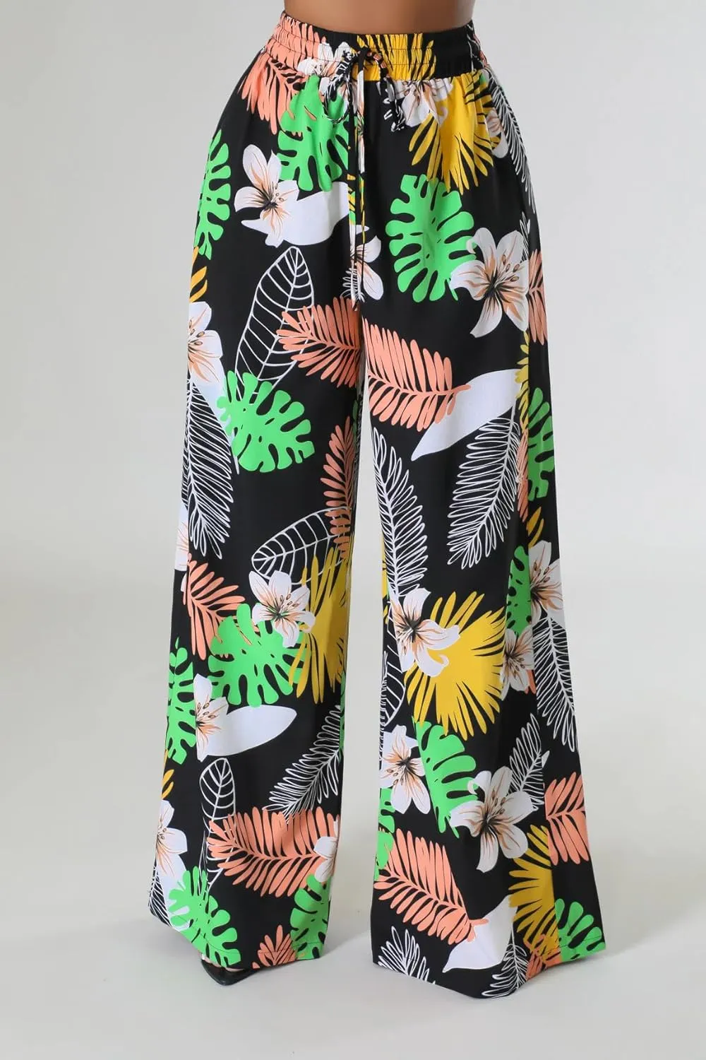 BFFBABY Womens Casual Palazzo Pants High Waist Printed Ruched Loose Flowy Lounge Wide Leg Pants (M-3XL)
