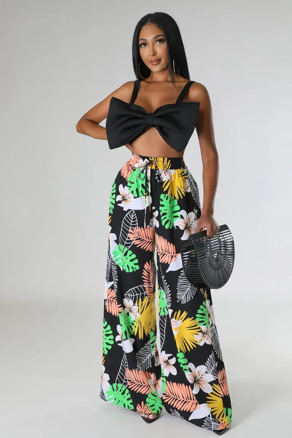 BFFBABY Womens Casual Palazzo Pants High Waist Printed Ruched Loose Flowy Lounge Wide Leg Pants (M-3XL)