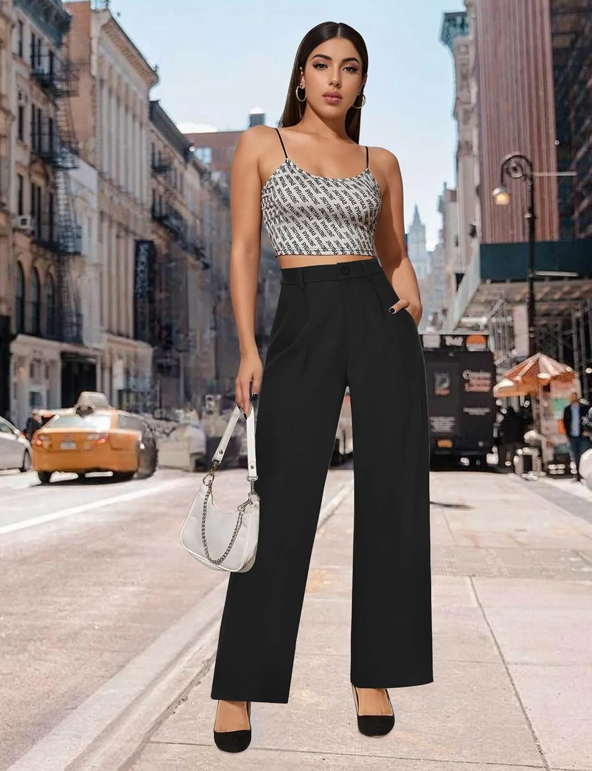 Buauty Womens Wide Leg Pants High Stretchy Waisted Dress Pants Business Casual Work Trousers Dressy Outfits with Pockets