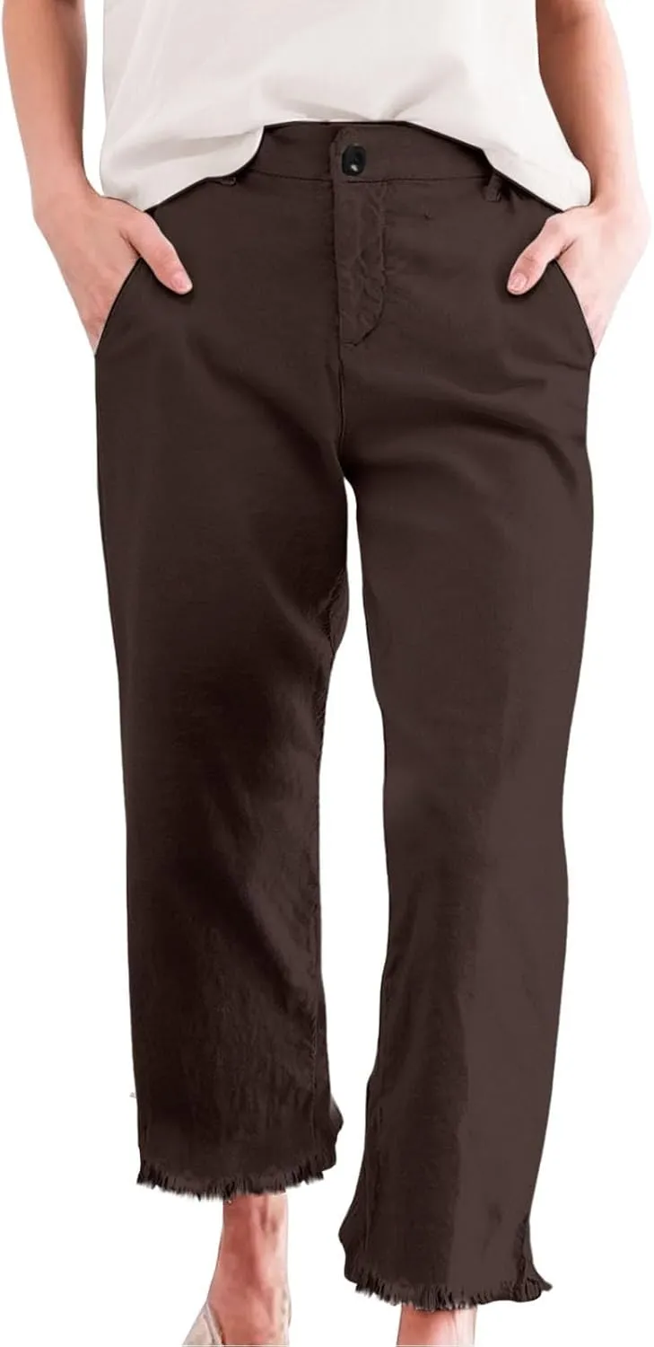 Cotton Linen Cropped Pants Women Straight Leg Capris Summer Business Casual Work Pants Ankle Length Chino Trousers