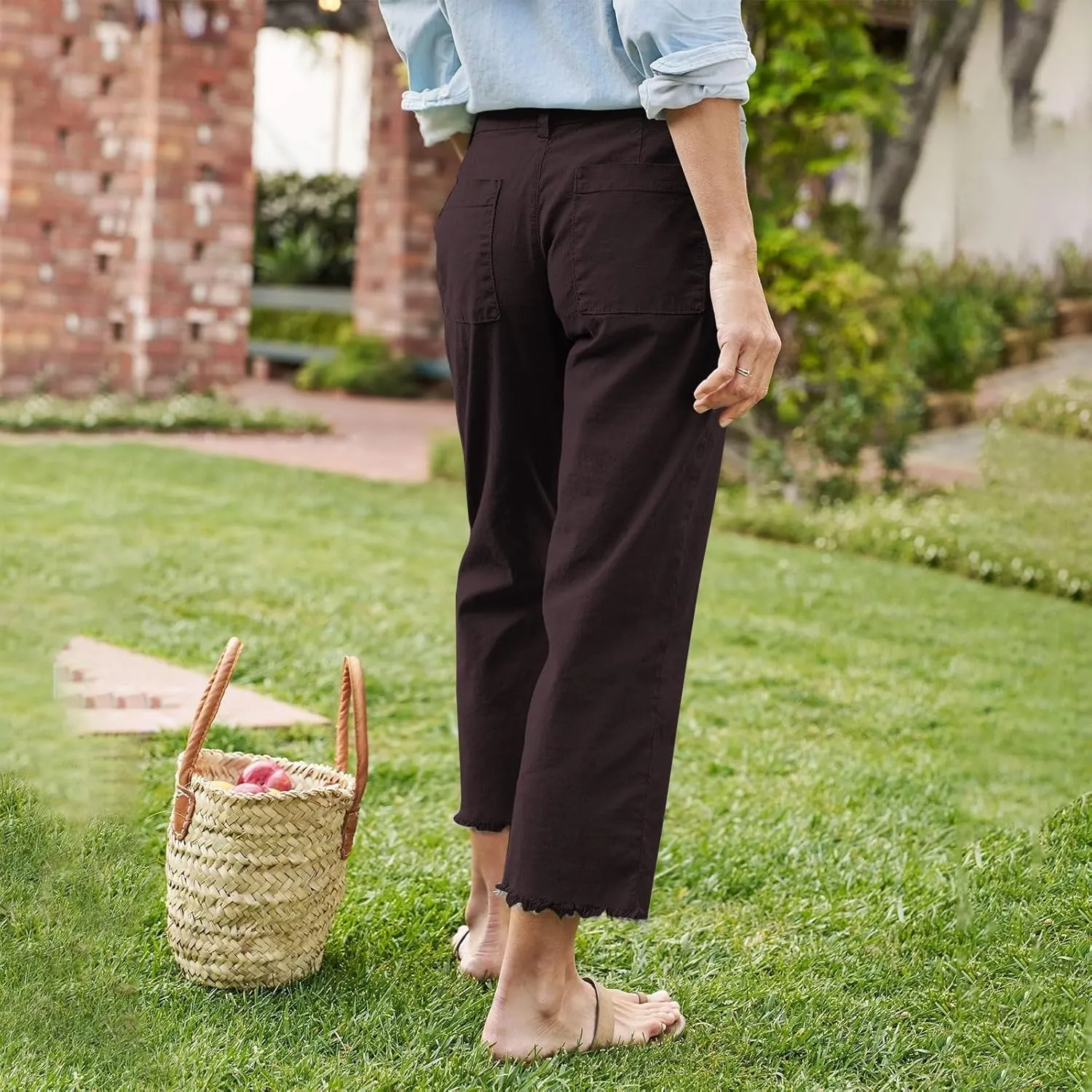 Cotton Linen Cropped Pants Women Straight Leg Capris Summer Business Casual Work Pants Ankle Length Chino Trousers