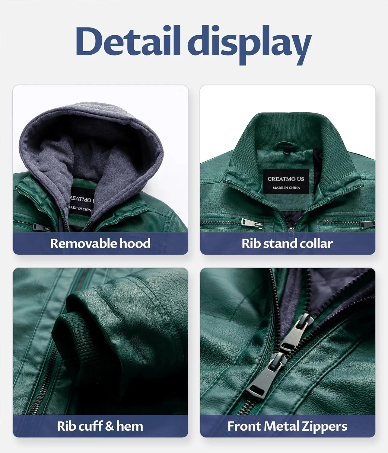 CREATMO US Men's Faux Leather Jacket Motorcycle Jacket Waterproof Windproof PU Moto Vintage Bomber Hoodie with Removable Hood