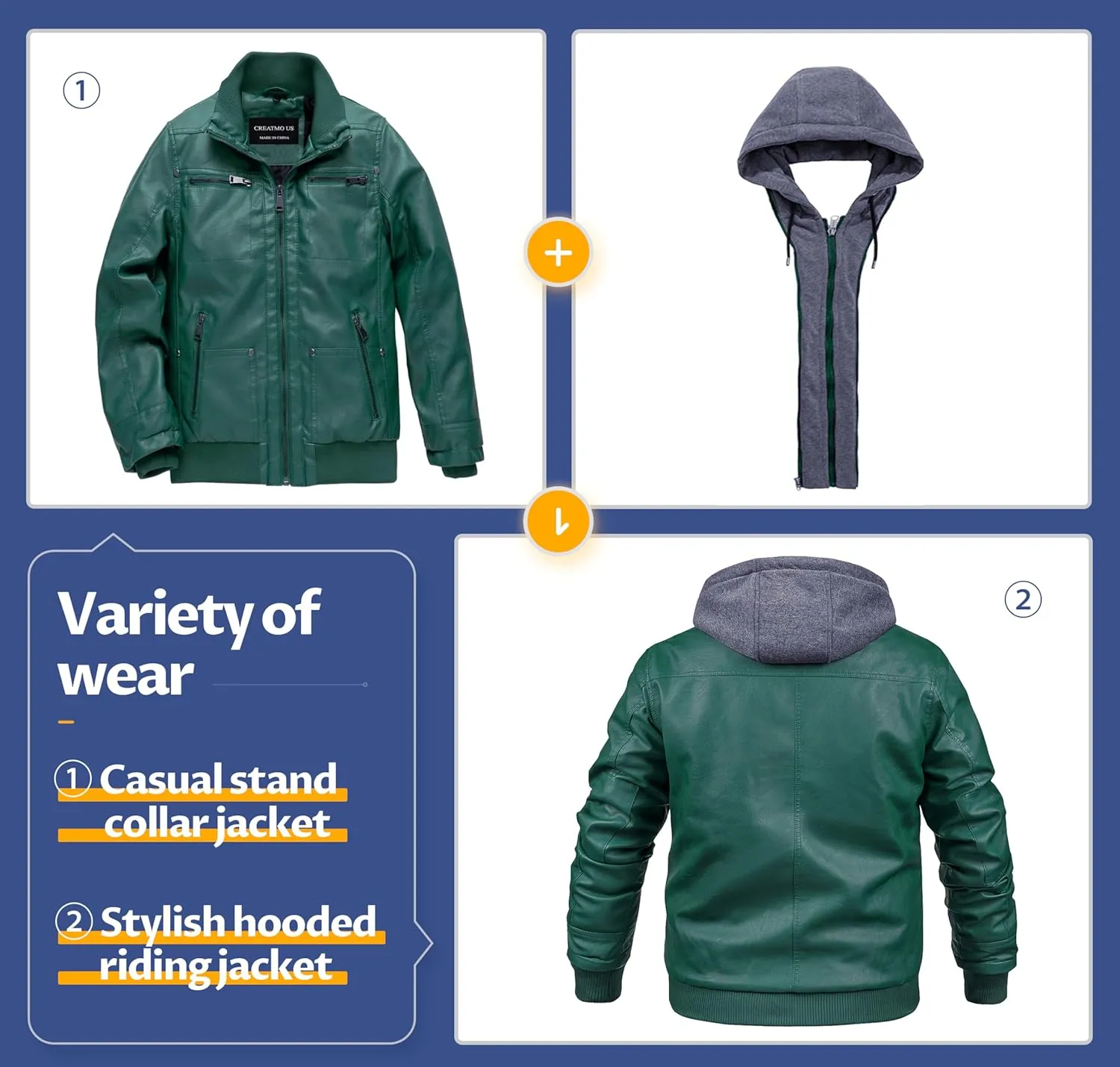 CREATMO US Men's Faux Leather Jacket Motorcycle Jacket Waterproof Windproof PU Moto Vintage Bomber Hoodie with Removable Hood