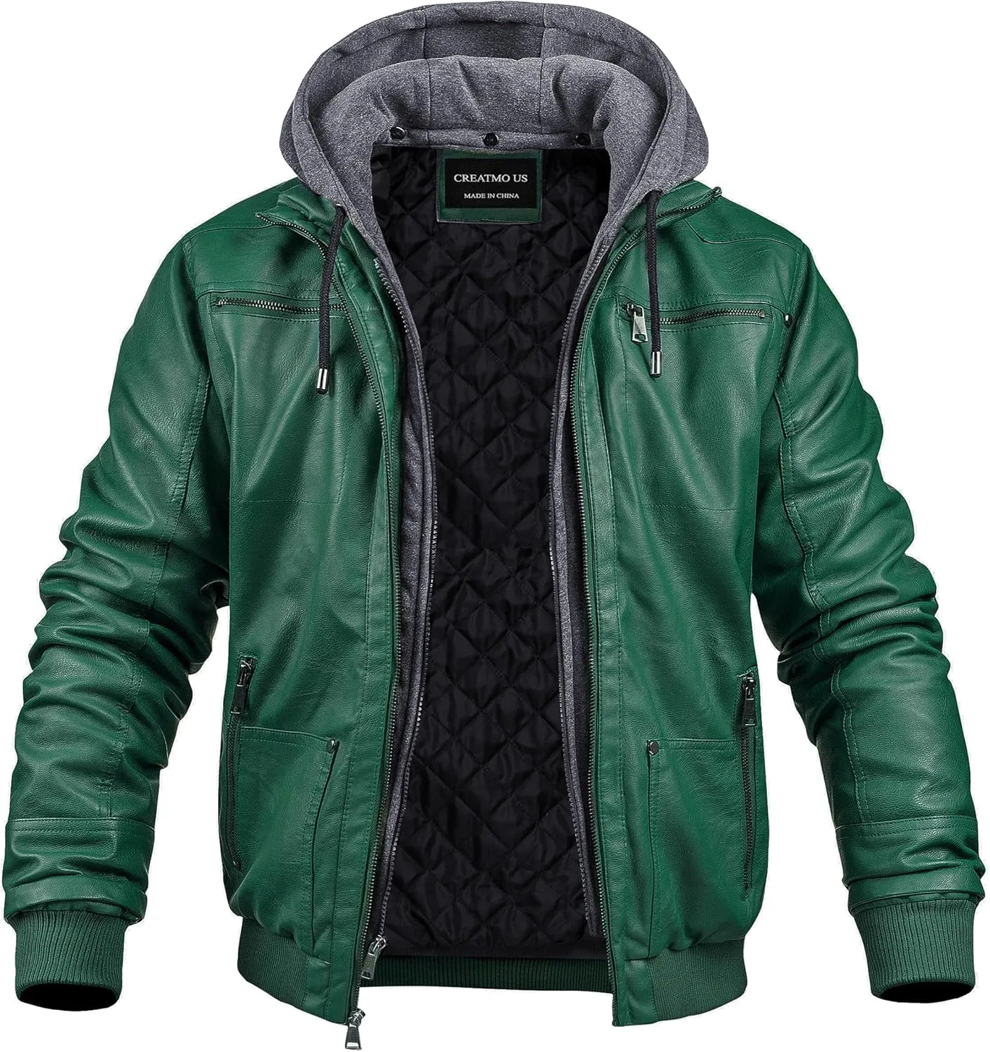 CREATMO US Men's Faux Leather Jacket Motorcycle Jacket Waterproof Windproof PU Moto Vintage Bomber Hoodie with Removable Hood