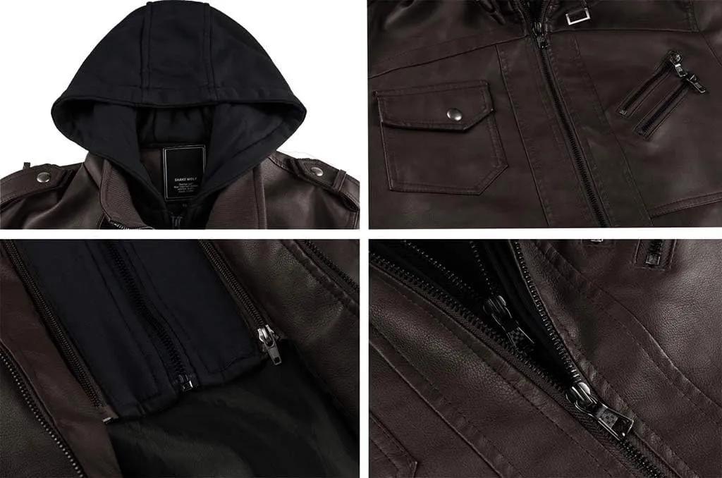CRYSULLY Men's Leather Jacket-Fall Winter Vintage Motorcycle Biker Jacket with Removable Hood