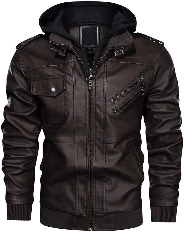 CRYSULLY Men's Leather Jacket-Fall Winter Vintage Motorcycle Biker Jacket with Removable Hood