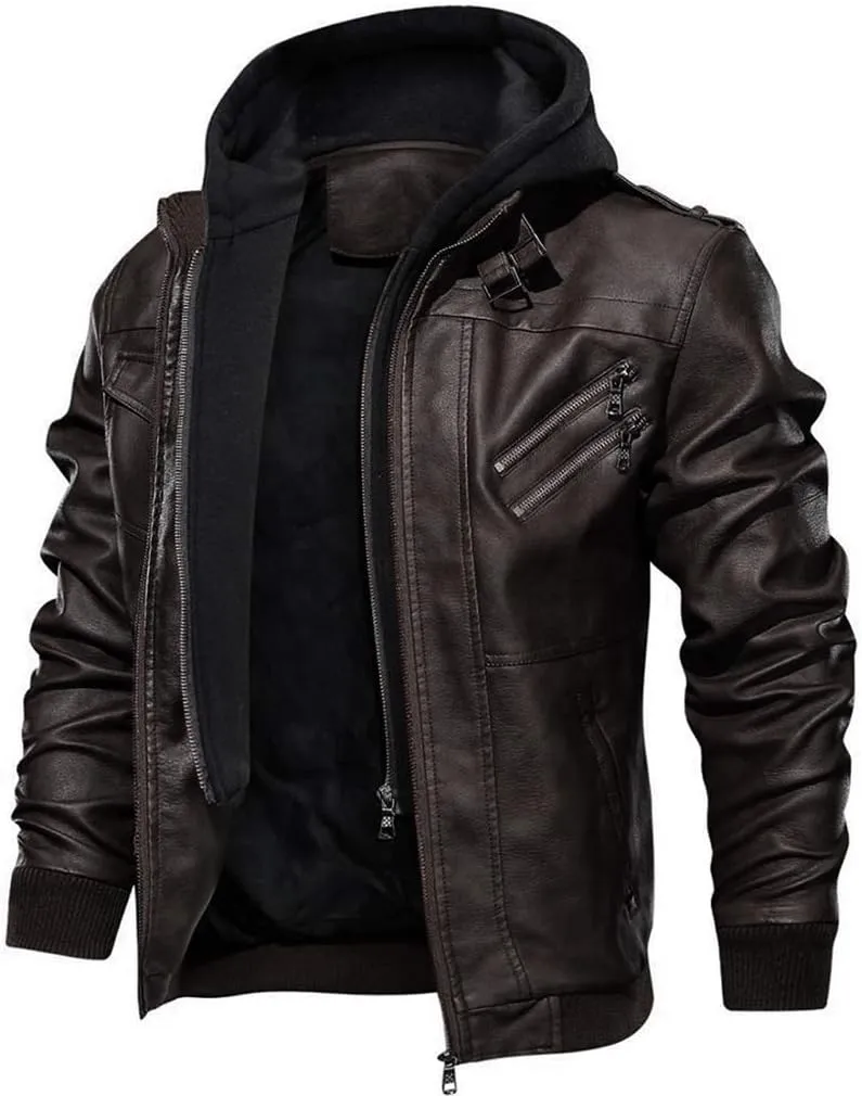 CRYSULLY Men's Leather Jacket-Fall Winter Vintage Motorcycle Biker Jacket with Removable Hood