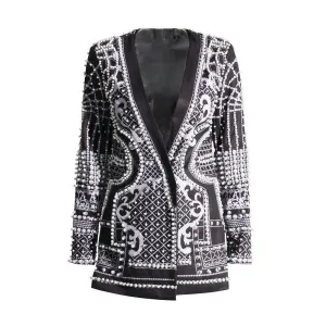 Embroidered Flares Vintage Blazer For Women V Neck Long Sleeve Colorblock Blazers Female Clothing Fashion Autumn
