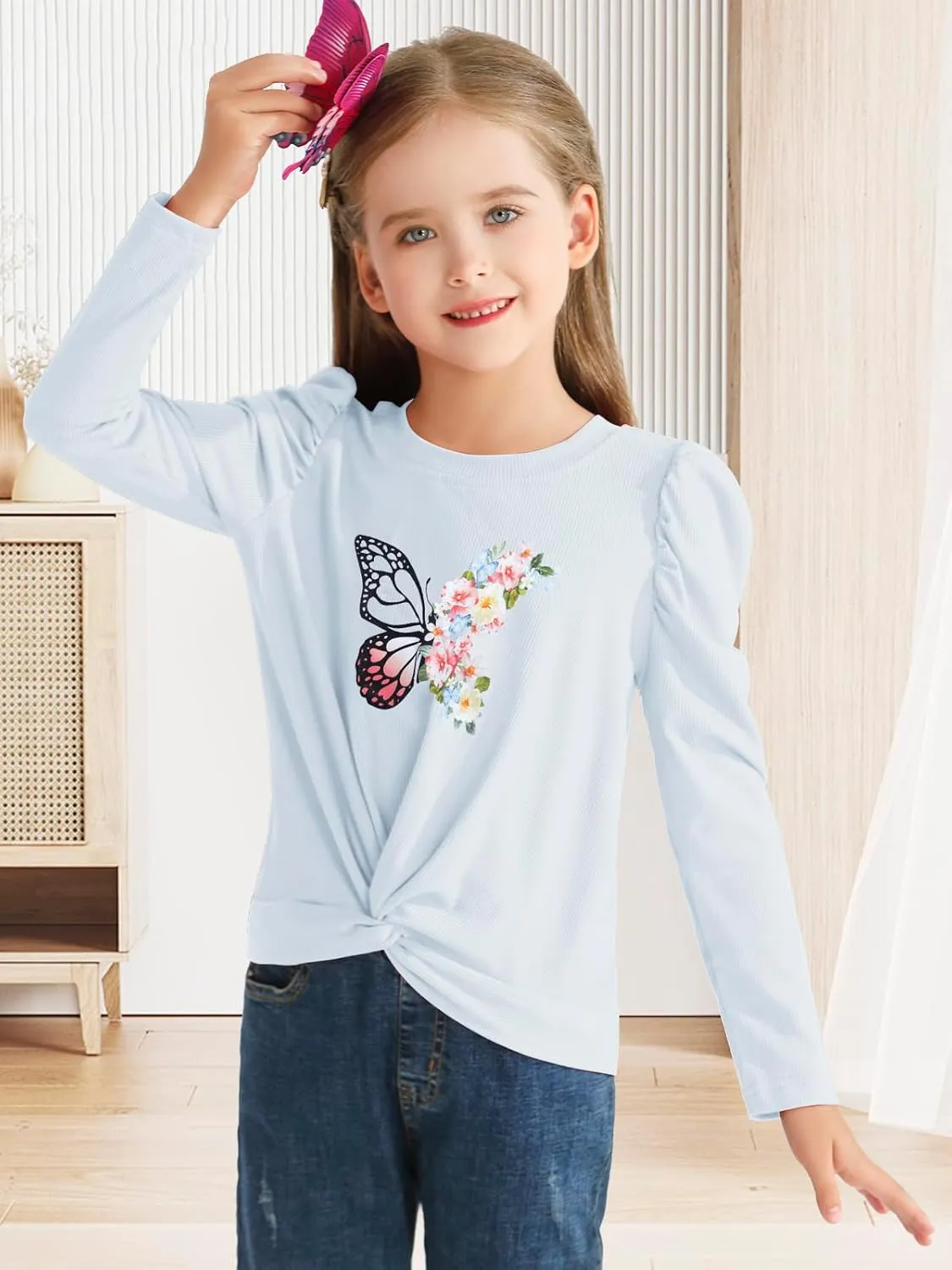 Girls Puff Long Sleeve Shirts Twist Front Lightweight T Shirt Kids Stylish Fall Tops Tee Blouse for Girls