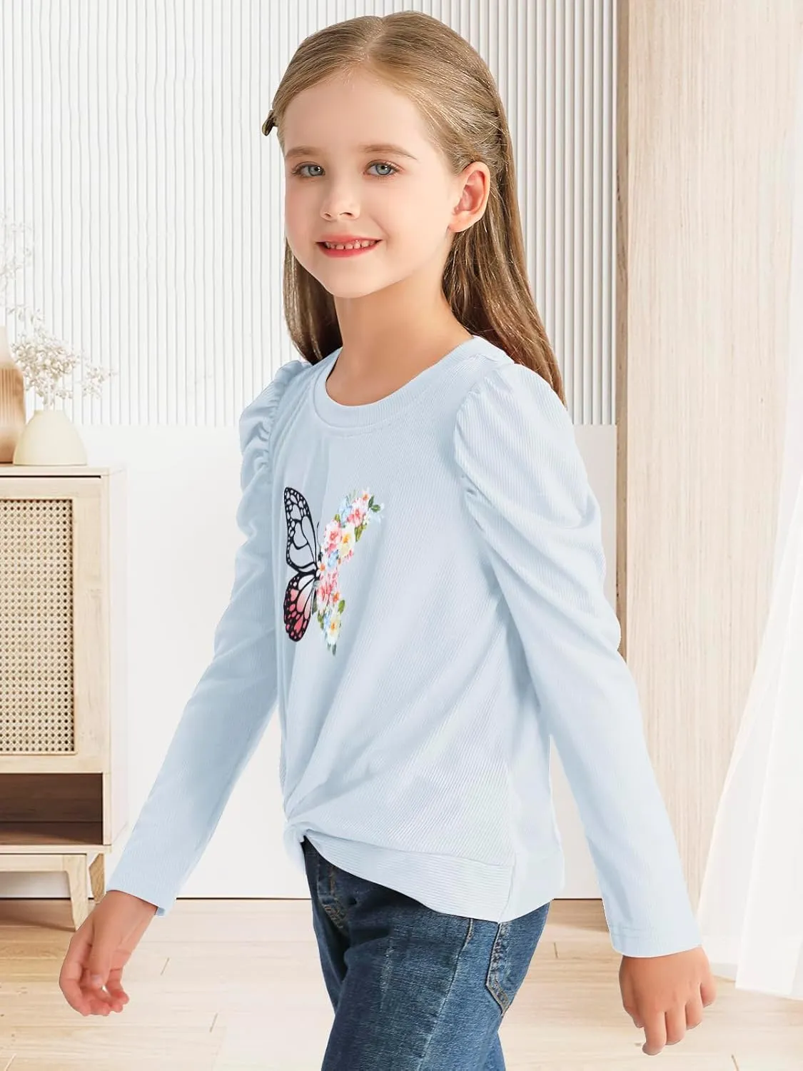 Girls Puff Long Sleeve Shirts Twist Front Lightweight T Shirt Kids Stylish Fall Tops Tee Blouse for Girls