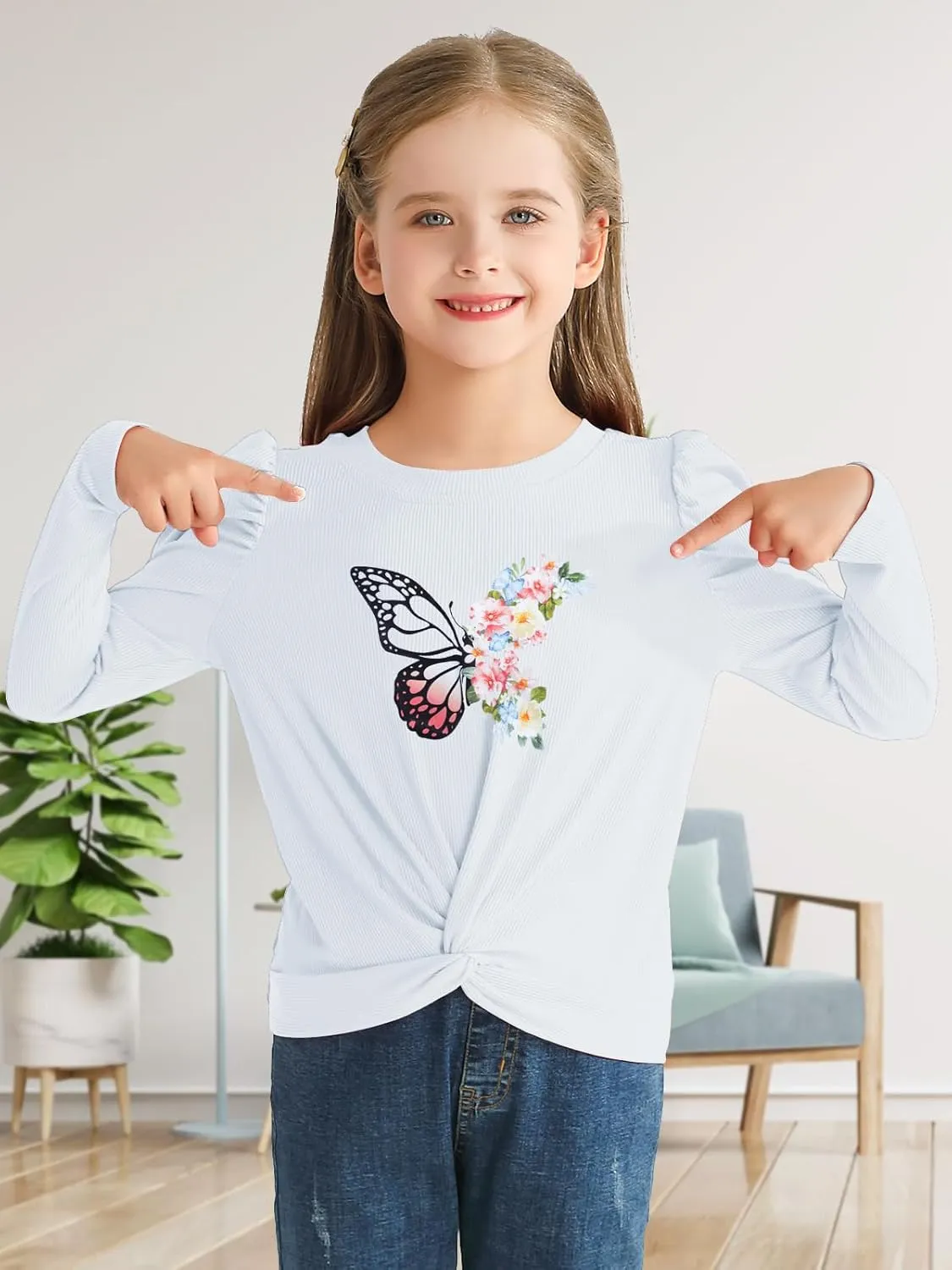 Girls Puff Long Sleeve Shirts Twist Front Lightweight T Shirt Kids Stylish Fall Tops Tee Blouse for Girls