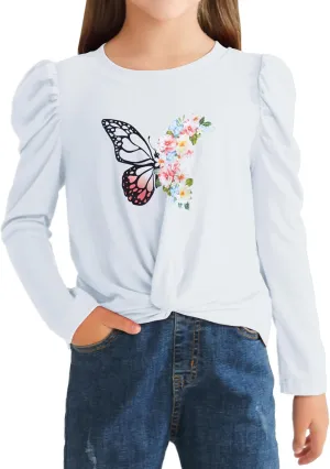 Girls Puff Long Sleeve Shirts Twist Front Lightweight T Shirt Kids Stylish Fall Tops Tee Blouse for Girls