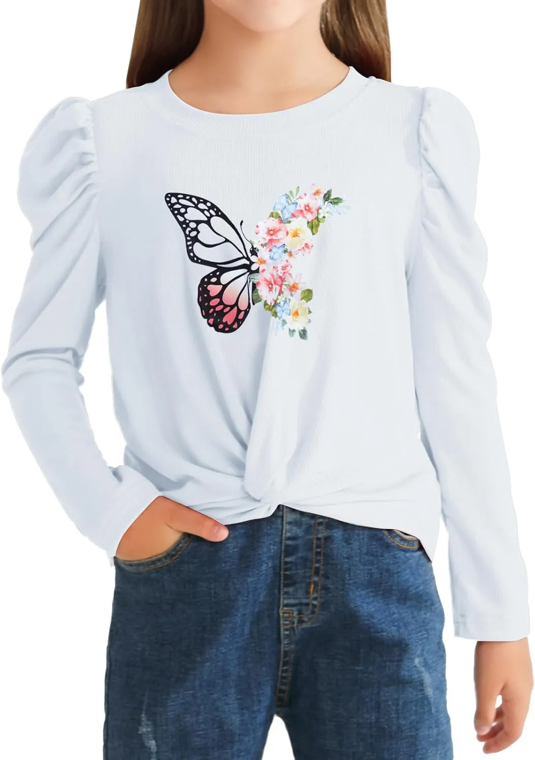Girls Puff Long Sleeve Shirts Twist Front Lightweight T Shirt Kids Stylish Fall Tops Tee Blouse for Girls