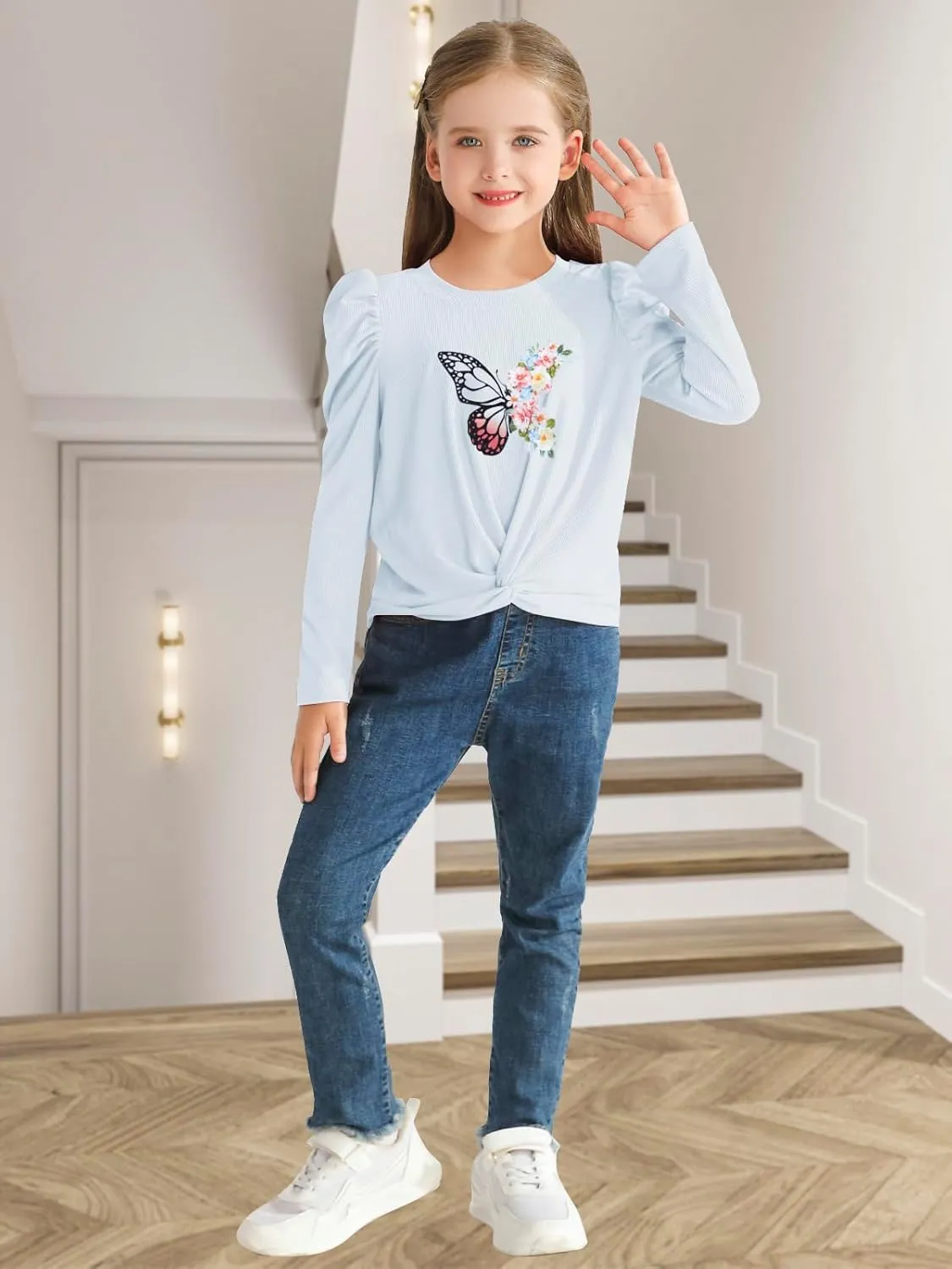 Girls Puff Long Sleeve Shirts Twist Front Lightweight T Shirt Kids Stylish Fall Tops Tee Blouse for Girls