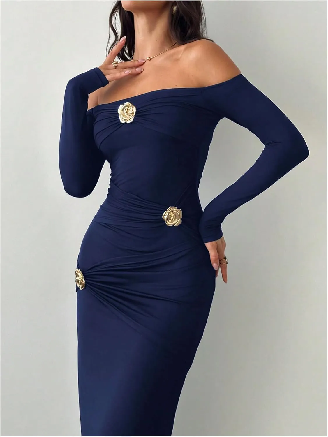 GORGLITTER Women's Flower Off The Shoulder Bodycon Maxi Dress Long Sleeve Ruched Dresses Wedding Guest Going Out Dress