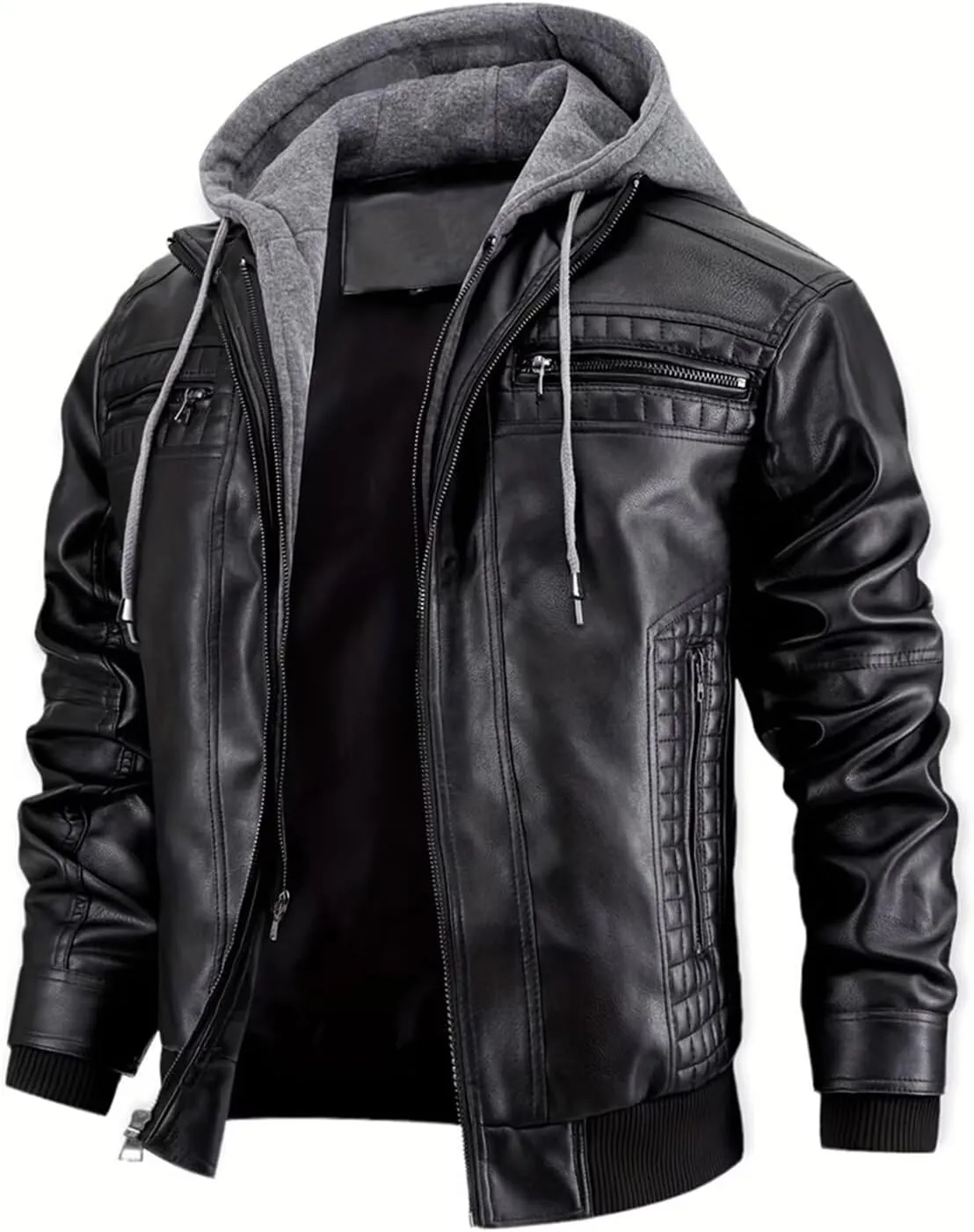 INVACHI Men's Faux Leather Motorcycle Jacket with Removable Hood Windproof Vintage PU Biker Bomber Coat