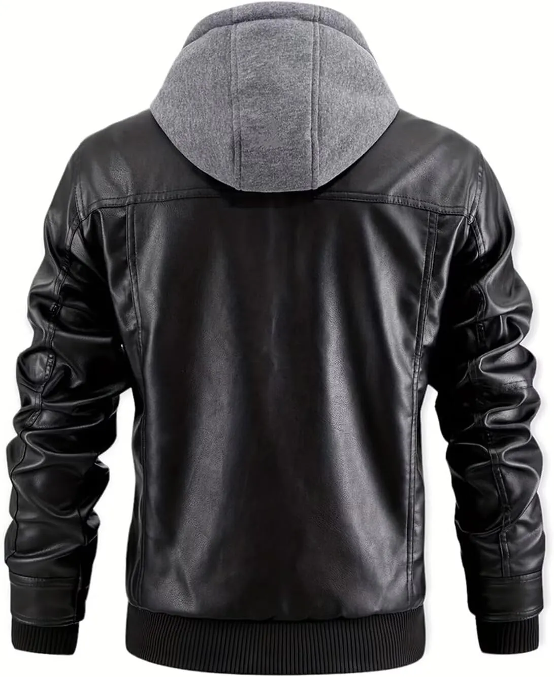 INVACHI Men's Faux Leather Motorcycle Jacket with Removable Hood Windproof Vintage PU Biker Bomber Coat