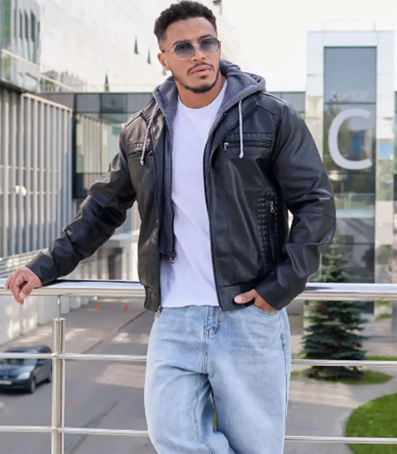 INVACHI Men's Faux Leather Motorcycle Jacket with Removable Hood Windproof Vintage PU Biker Bomber Coat