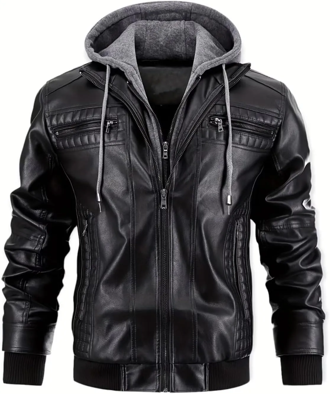 INVACHI Men's Faux Leather Motorcycle Jacket with Removable Hood Windproof Vintage PU Biker Bomber Coat