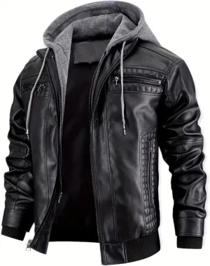 INVACHI Men's Faux Leather Motorcycle Jacket with Removable Hood Windproof Vintage PU Biker Bomber Coat