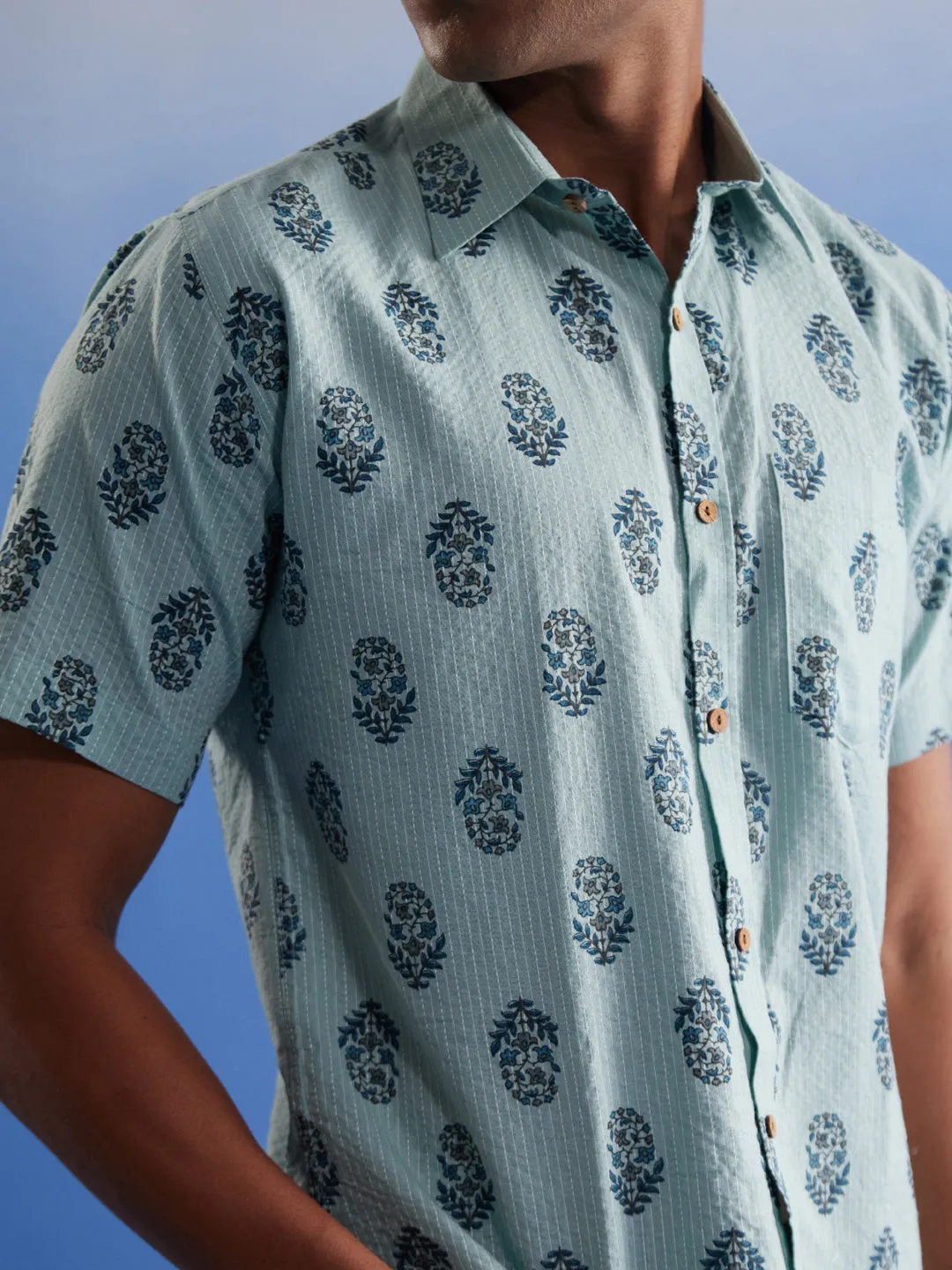 Jashvi Men's Mint Green Ethnic Motif Printed Cotton Shirt