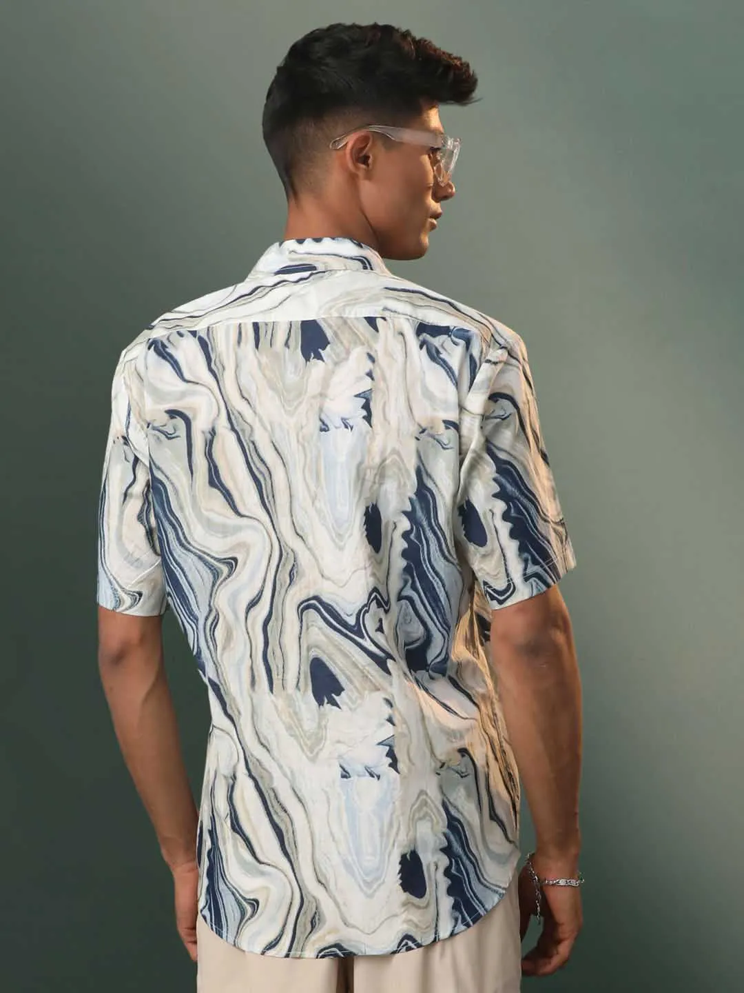 Jashvi Men's Multi-Color Base Cream Marble Print Cotton Shirt