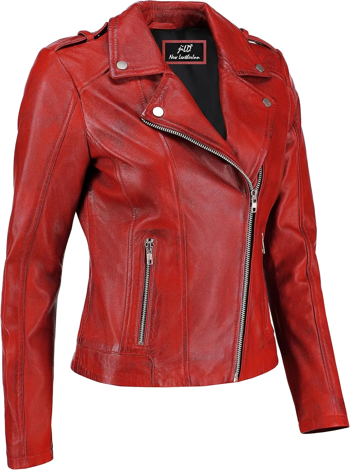 Jild Biker Style Vintage Leather Jacket Women - Casual Fashion Motorcycle Zip-Up Lightweight Coat Collar Women Leather Jacket