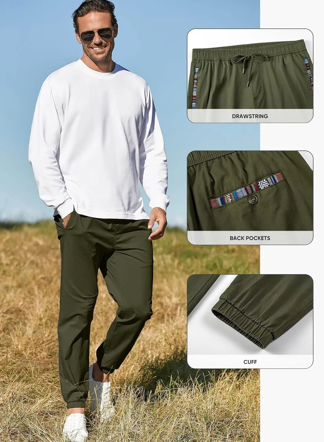 JMIERR Men's Casual Chino Joggers Pants Cotton Twill Elastic Drawstring Waist Tapered Pants with Pockets