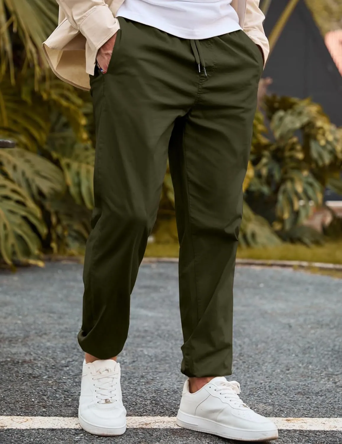 JMIERR Men's Casual Chino Joggers Pants Cotton Twill Elastic Drawstring Waist Tapered Pants with Pockets