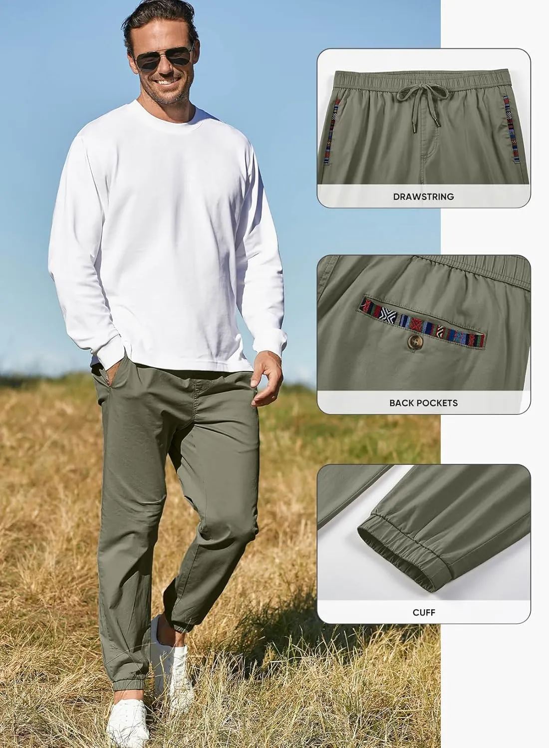 JMIERR Men's Casual Chino Joggers Pants Cotton Twill Elastic Drawstring Waist Tapered Pants with Pockets