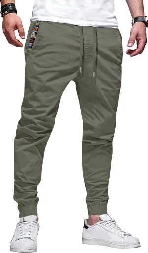 JMIERR Men's Casual Chino Joggers Pants Cotton Twill Elastic Drawstring Waist Tapered Pants with Pockets
