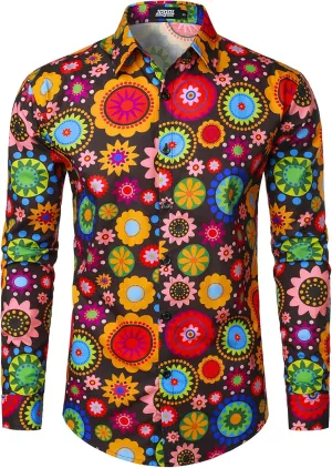 JOGAL Mens 70s Floral Dress Shirt Long Sleeve Printed Casual Button Down Shirts