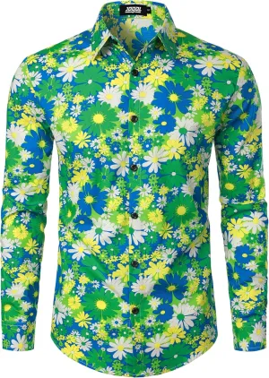 JOGAL Mens 70s Floral Dress Shirt Long Sleeve Printed Casual Button Down Shirts