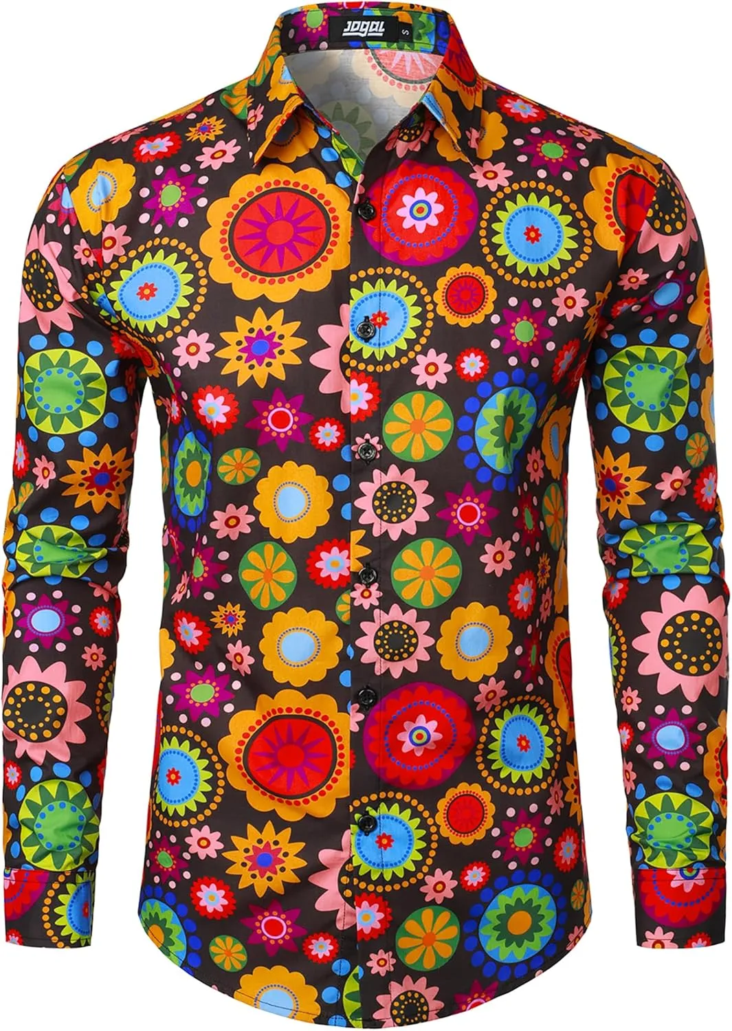 JOGAL Mens 70s Floral Dress Shirt Long Sleeve Printed Casual Button Down Shirts