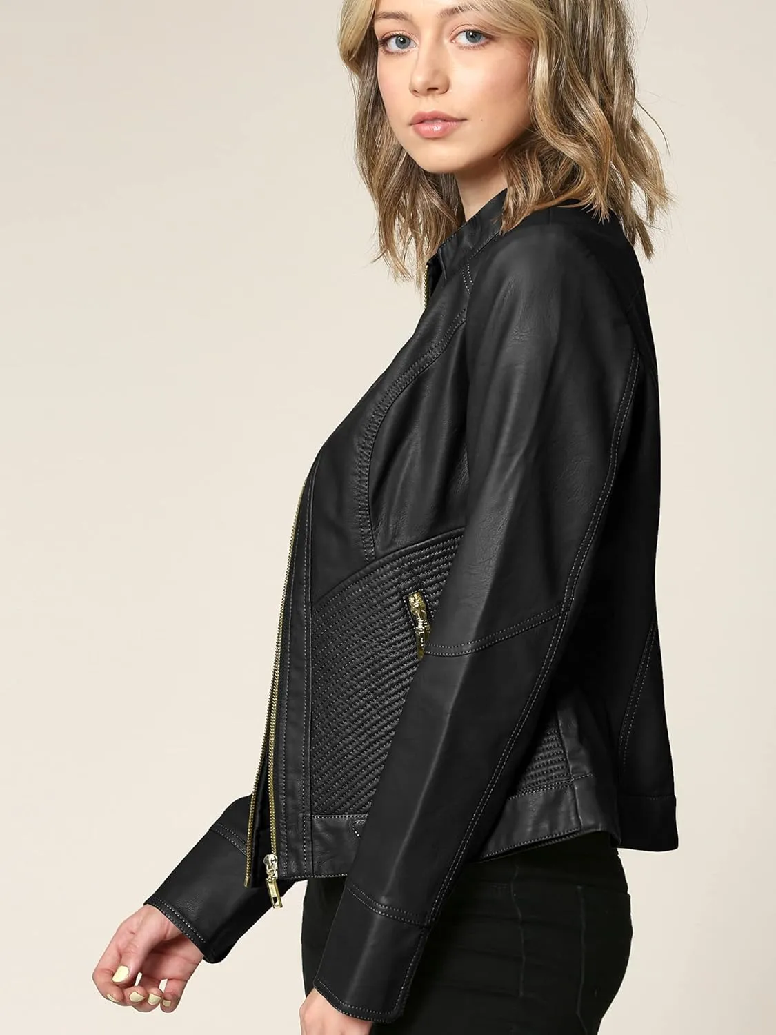 Lock and Love Slim Fit Stylish Vegan Leather Moto Jacket for Women - PU Biker Motorcycle Coat