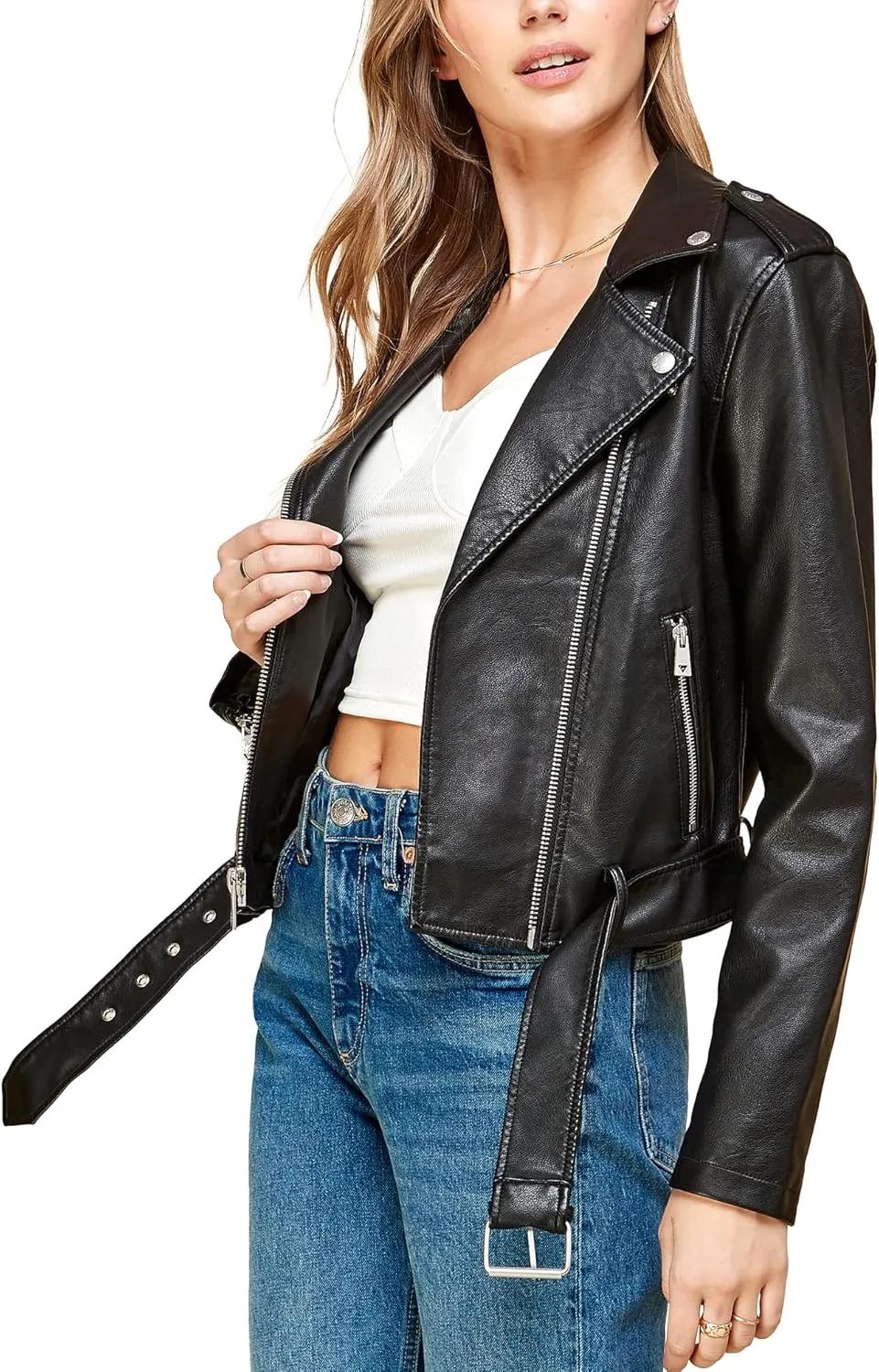 Lock and Love Slim Fit Stylish Vegan Leather Moto Jacket for Women - PU Biker Motorcycle Coat