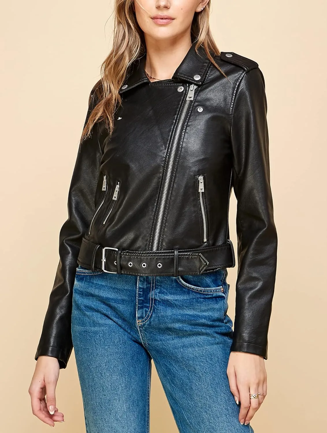Lock and Love Slim Fit Stylish Vegan Leather Moto Jacket for Women - PU Biker Motorcycle Coat