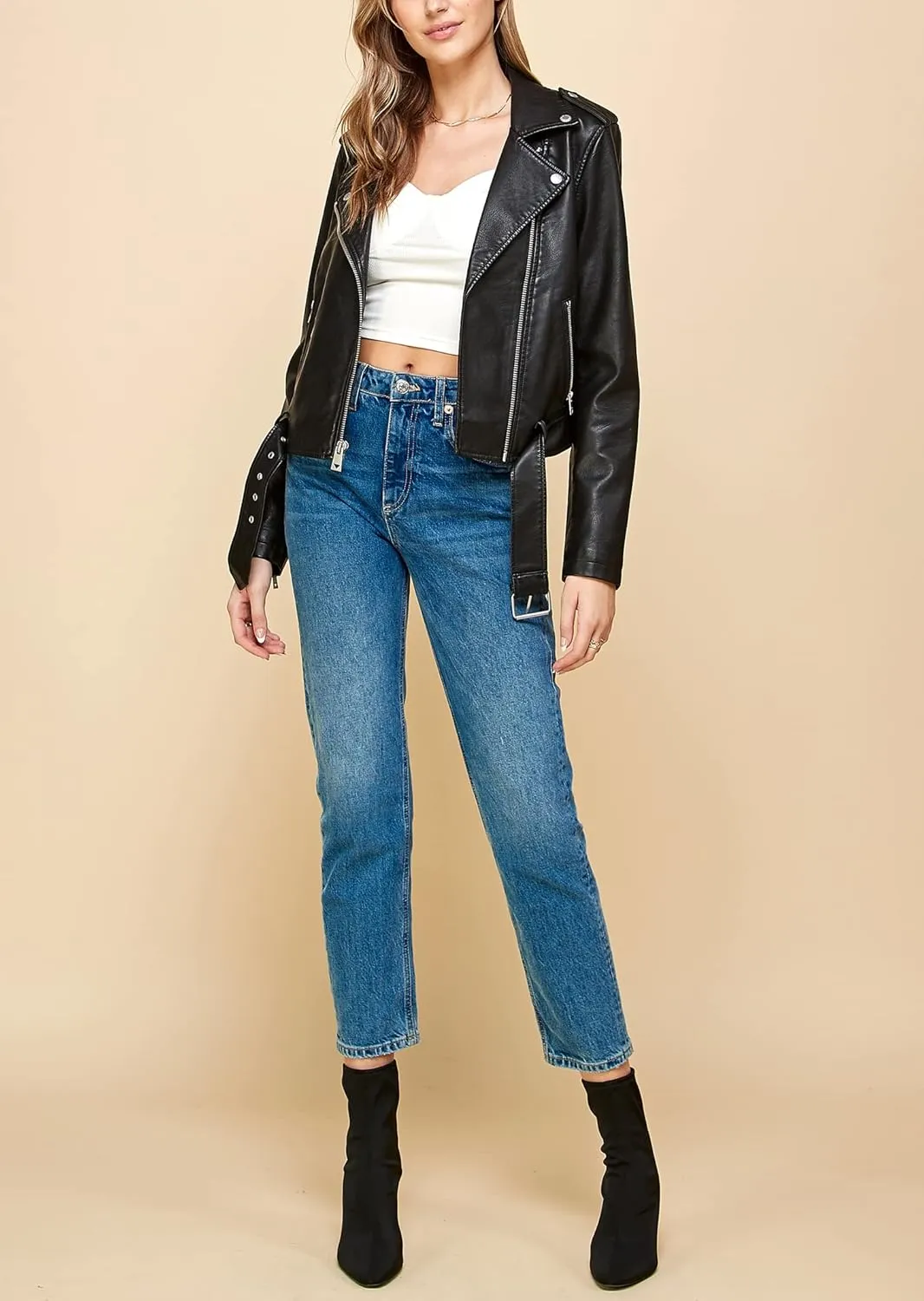 Lock and Love Slim Fit Stylish Vegan Leather Moto Jacket for Women - PU Biker Motorcycle Coat