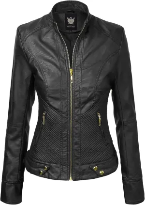 Lock and Love Slim Fit Stylish Vegan Leather Moto Jacket for Women - PU Biker Motorcycle Coat