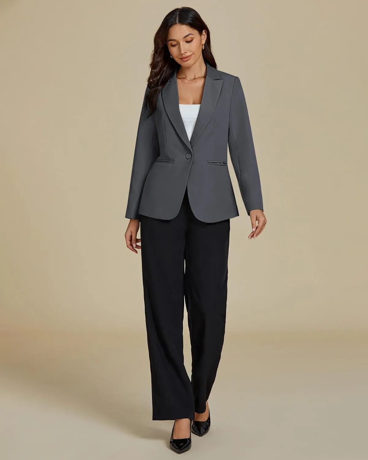 luvamia Dressy Blazers for Women Button Long Sleeve Lapel Business Casual Outfits Office Work Suit Blazer with Pockets