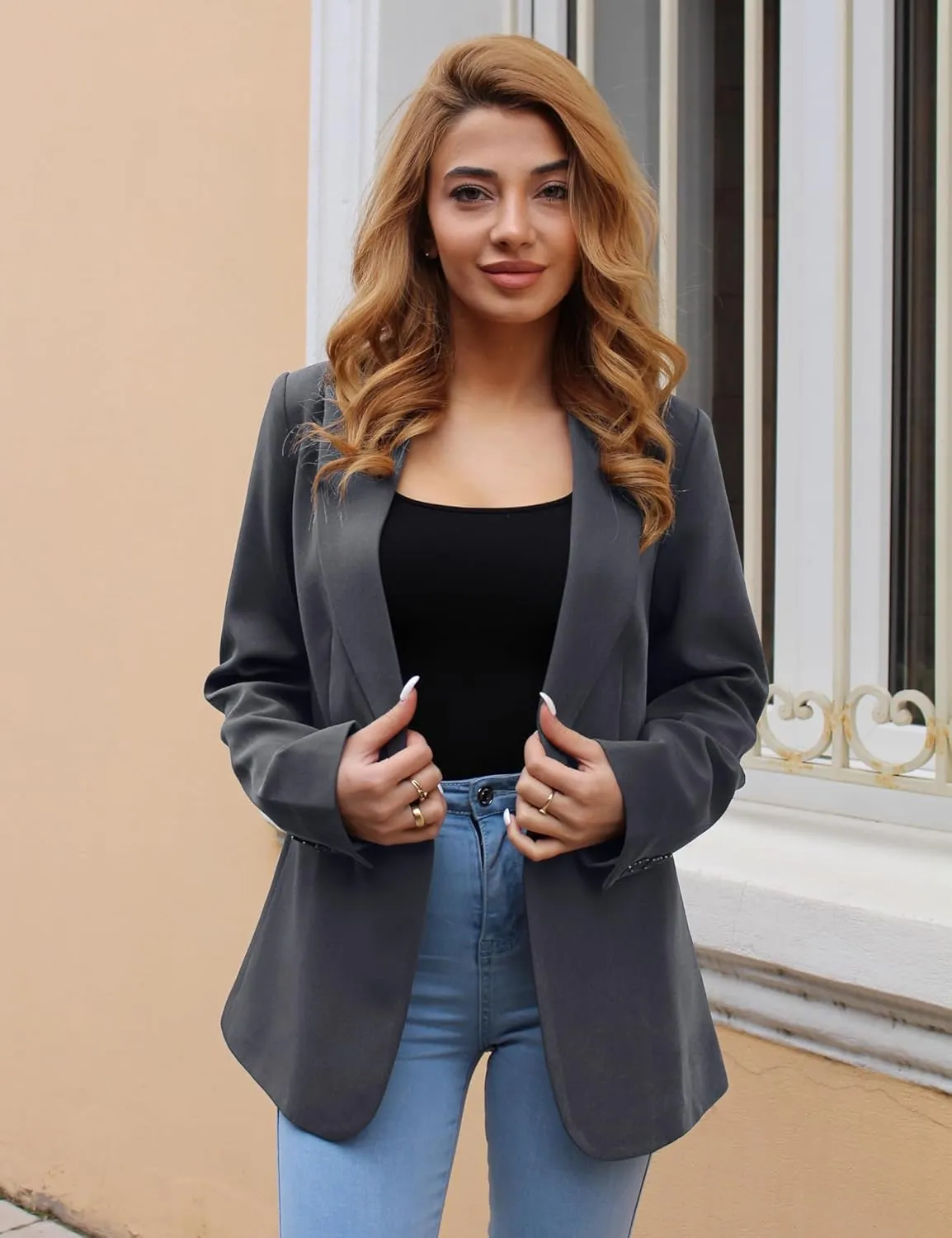 luvamia Dressy Blazers for Women Button Long Sleeve Lapel Business Casual Outfits Office Work Suit Blazer with Pockets